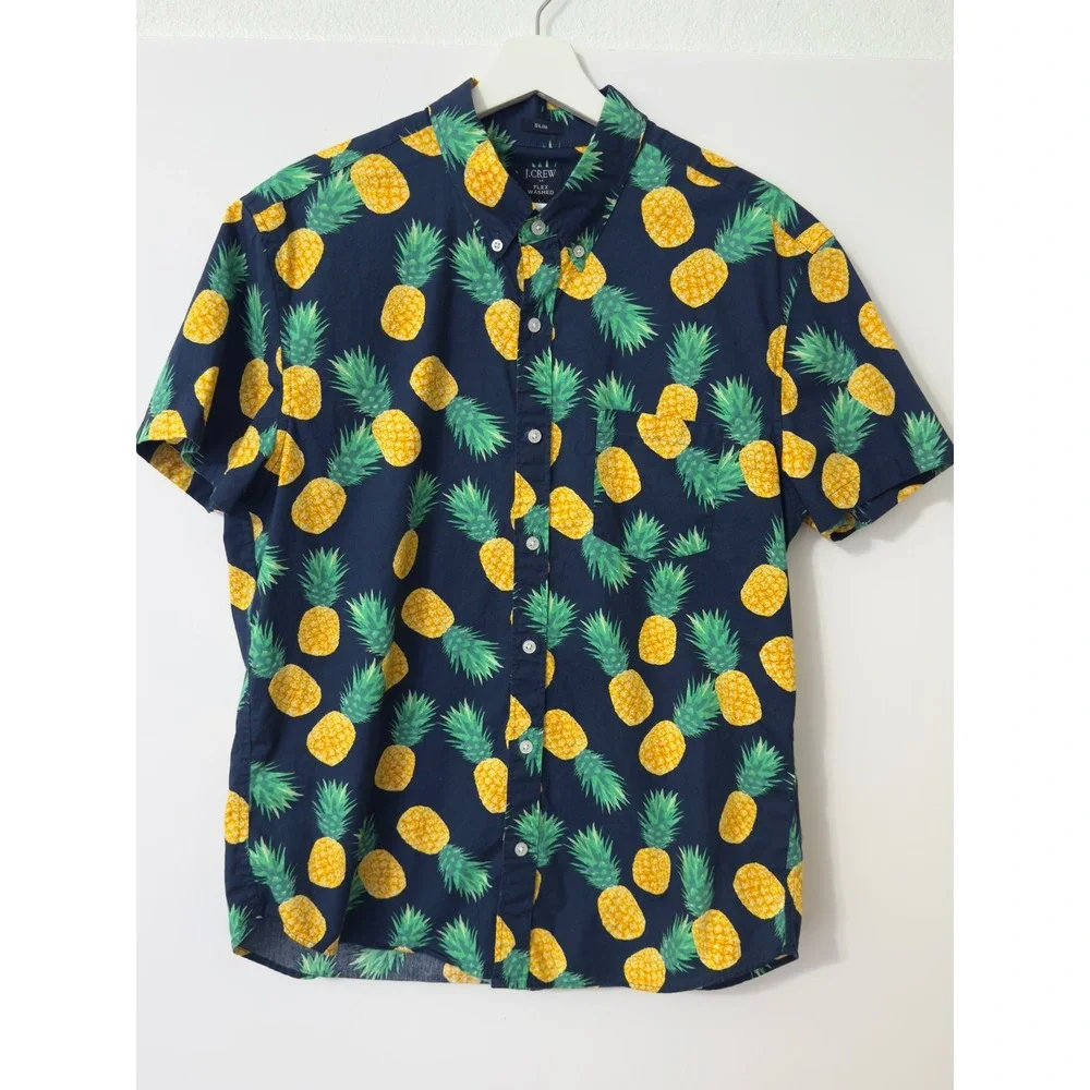 J Crew Mens Slim Fit Short Sleeve Button Down Shirt Large Pineapple Print Resort